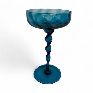 Vintage Mid Century Italian Twisted Spiral Stemmed Blue Glass Compote